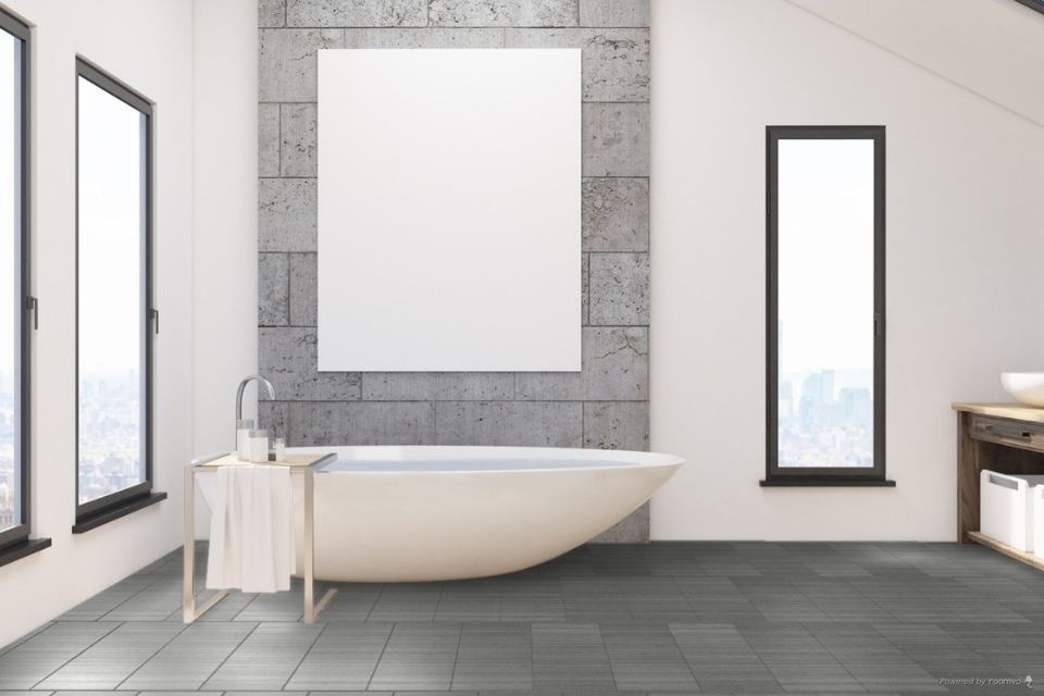 Fabric Art large gray floor tile by Bell Terra in spacious bathroom